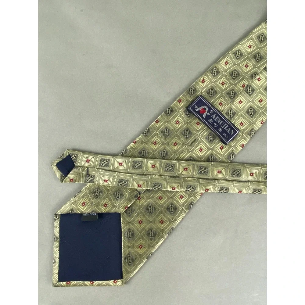 Ainujian Mens Silk Necktie Geometric Square Pattern Gold Green Red Blue 55X4